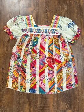 Johnny Was Multicolor Floral Embroidered Blouse - Teal, Yellow, Pink